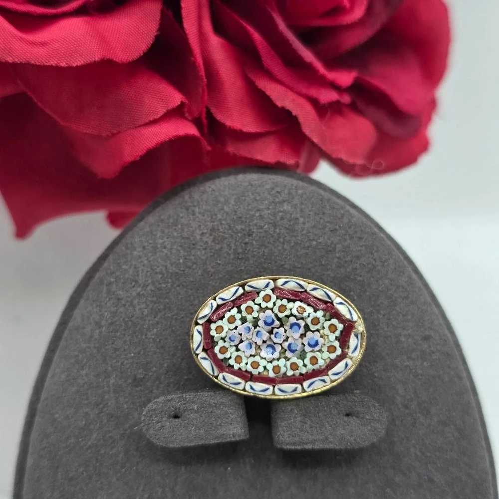 Vintage Micro Mosaic Oval Brooch Floral Design Gold Tone ITALY Pin Jewerly
